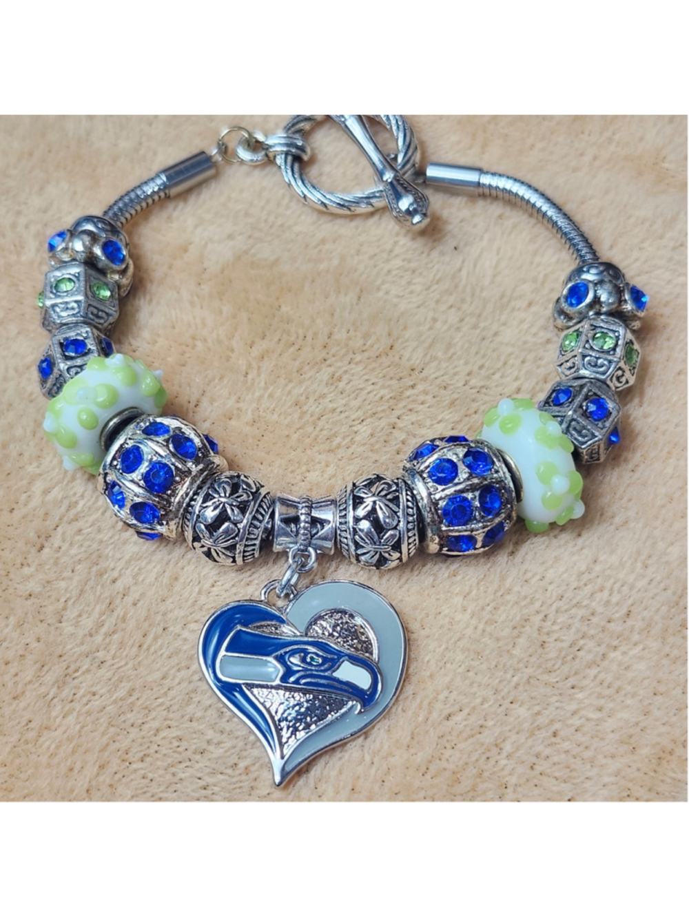 Green and Blue Seattle Seahawks Charm Bracelet